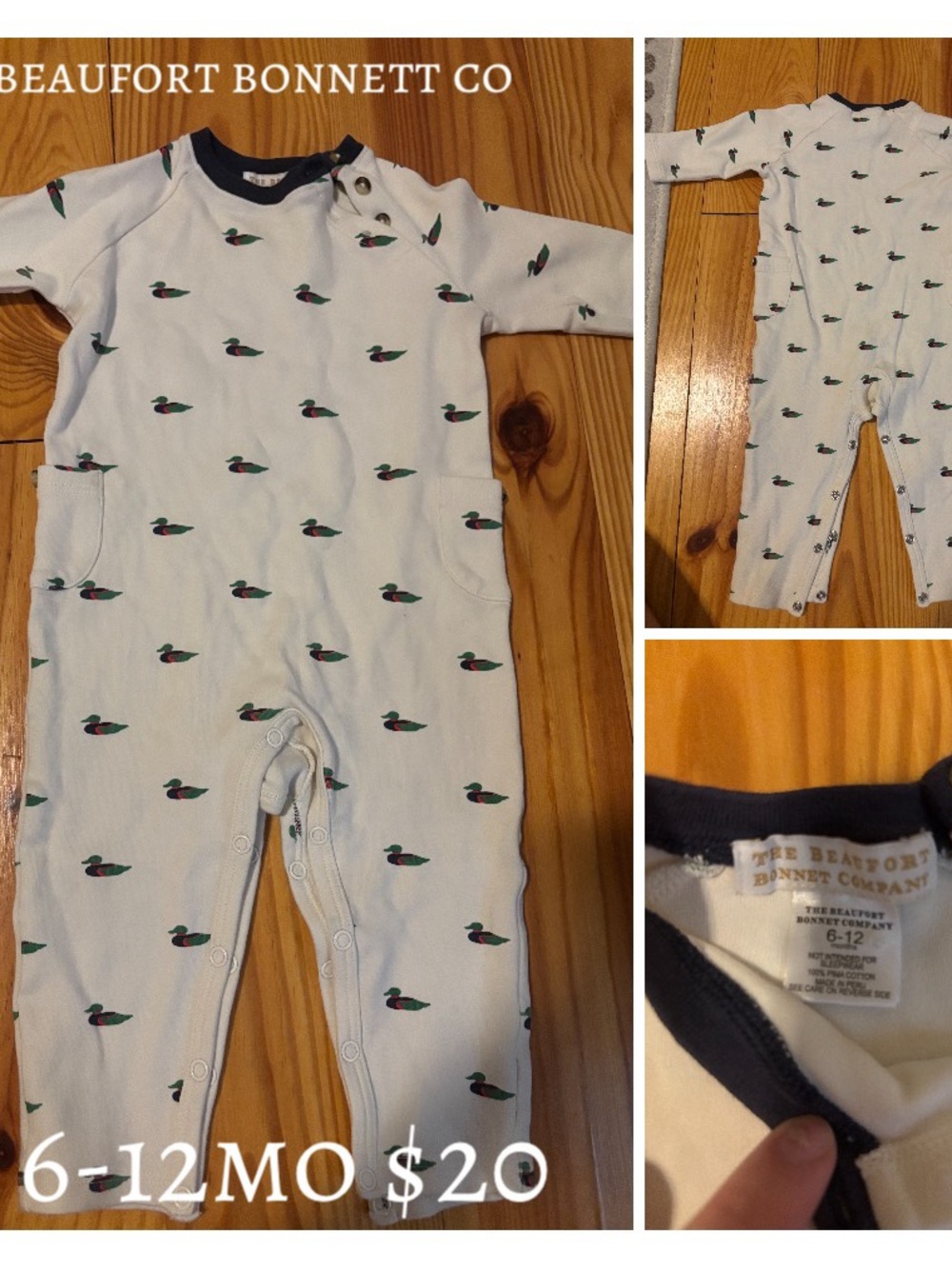 The Beaufort Bonnet Company White Duck-Print Baby Romper with Navy Trim